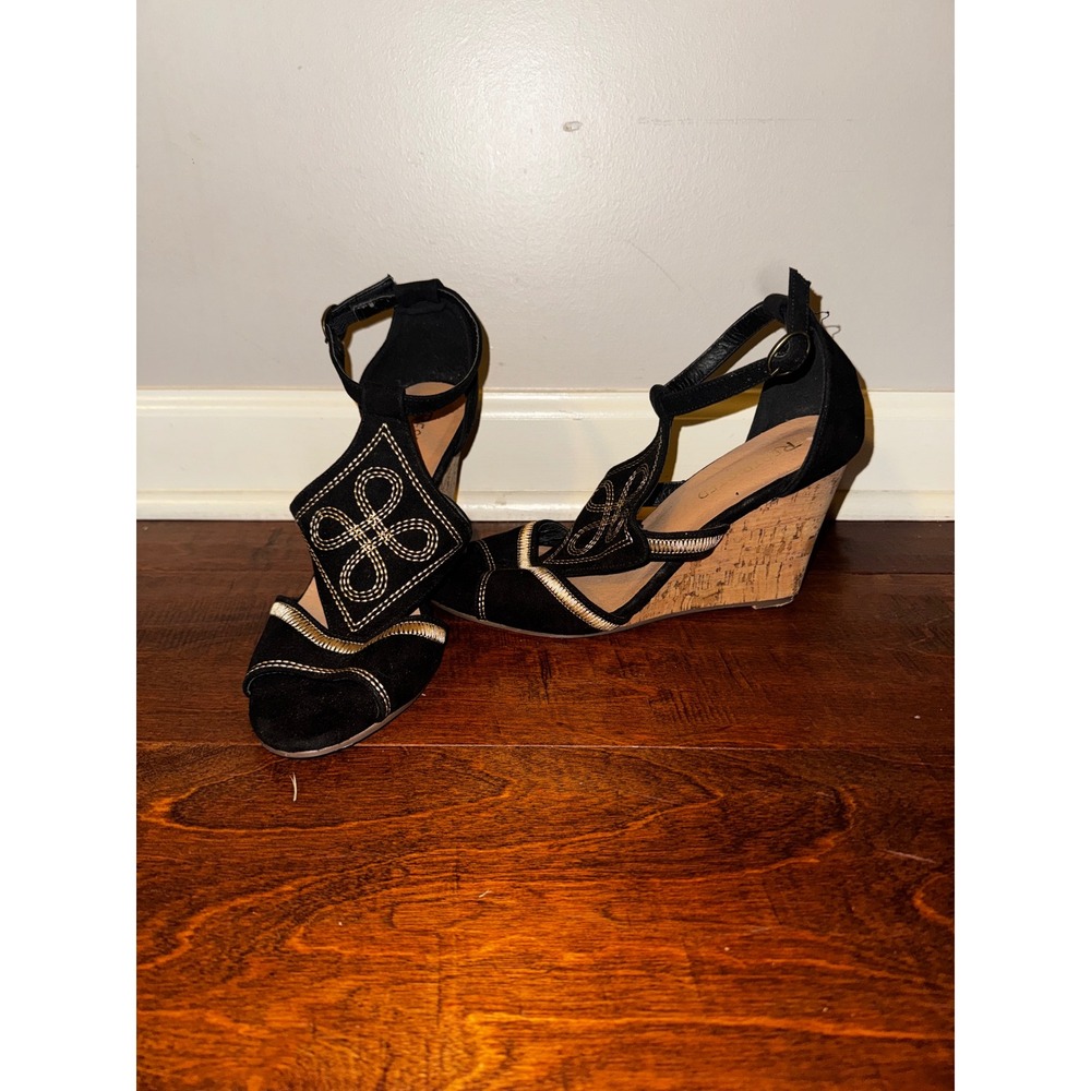 Restricted Womens Black Gold Embroidered Cork Wedge Sandals Size 8